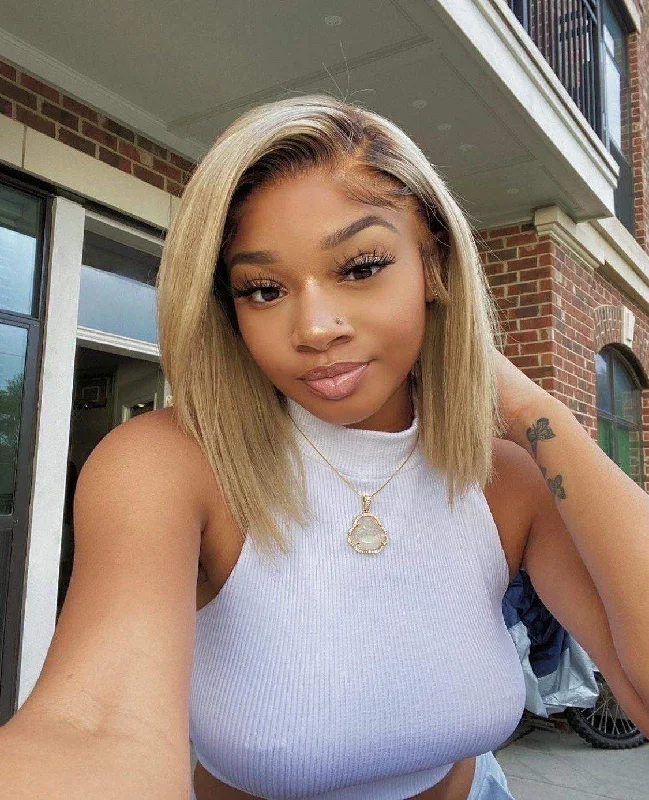 Short - bob wig for a super - sleek and minimalist styleBrown Roots 12 inch #613 Blonde Invisible HD Lace Frontal Wig Short - bob wig for a super - sleek and minimalist styleBrown Roots 12 inch #613 Blonde Invisible HD Lace Frontal Wig