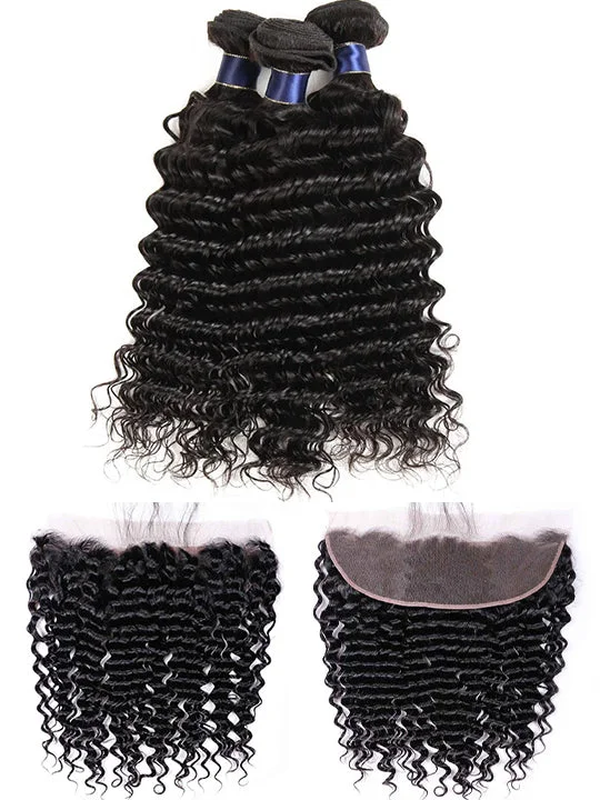 Long - length wavy wig with loose waves for a glamorous lookDeep Wave 3 Bundles With 13x4 HD Lace Frontal 10A Brazilian Human Hair Weave Long - length wavy wig with loose waves for a glamorous lookDeep Wave 3 Bundles With 13x4 HD Lace Frontal 10A Brazilian Human Hair Weave