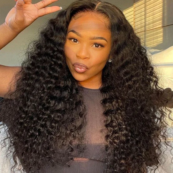 Wavy wig with a wavy bang for a trendy and modern stylePre-bleached Knots Throw On & Go Deep Wave Glueless Wig HD Lace Front Wigs