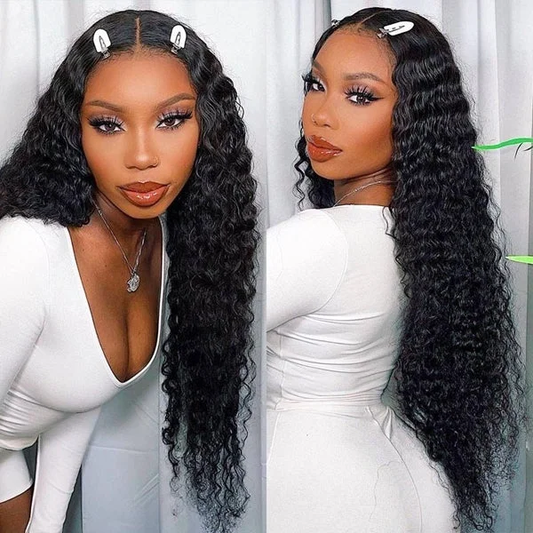 Wavy wig with a pre - styled curl pattern for convenienceDeep Wave Pre Cut 5x5 HD Lace Closure Wig Wear and Go Pre Plucked Human Hair Wigs