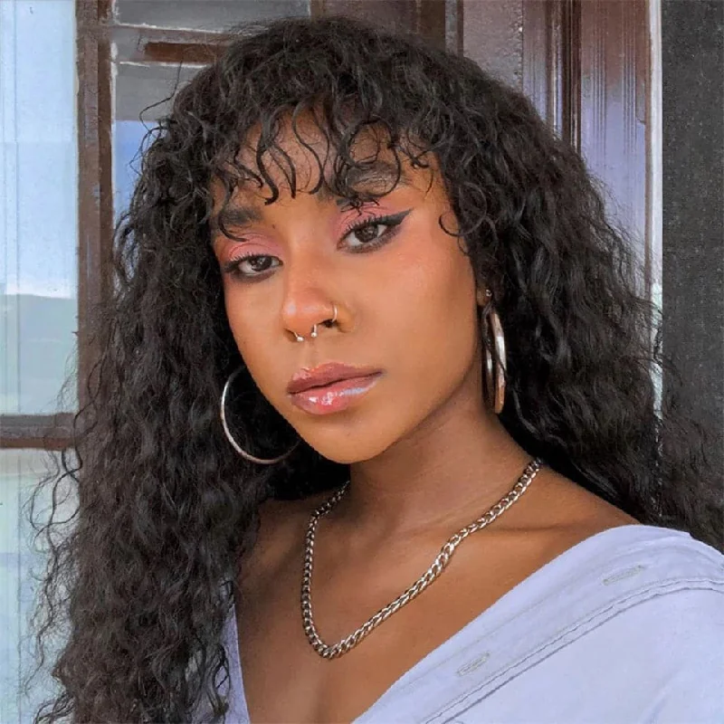 Wavy wig with a pre - styled curl pattern for convenienceDeep Wave Full Machine Made None Lace Human Hair Wigs With Bangs 8-24 inches Human Hair