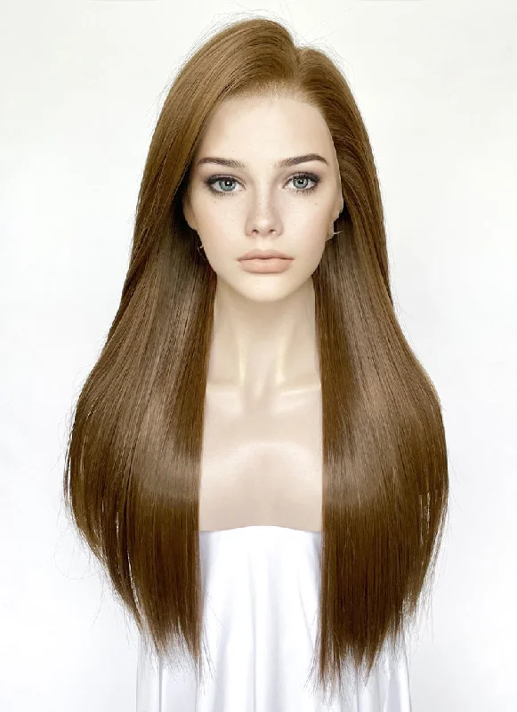 Long - length wig with a pre - bleached knot for a natural - looking scalpBrown Straight Full Lace Kanekalon Synthetic Wig FUL012 Long - length wig with a pre - bleached knot for a natural - looking scalpBrown Straight Full Lace Kanekalon Synthetic Wig FUL012