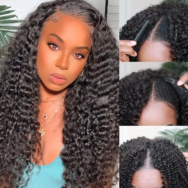 Wavy wig with auburn undertones for a unique and eye - catching colorGlueless Deep Wave V Part Wig Human Hair Beginner Friendly Natural Scalp Curly Human Hair No Leave Out