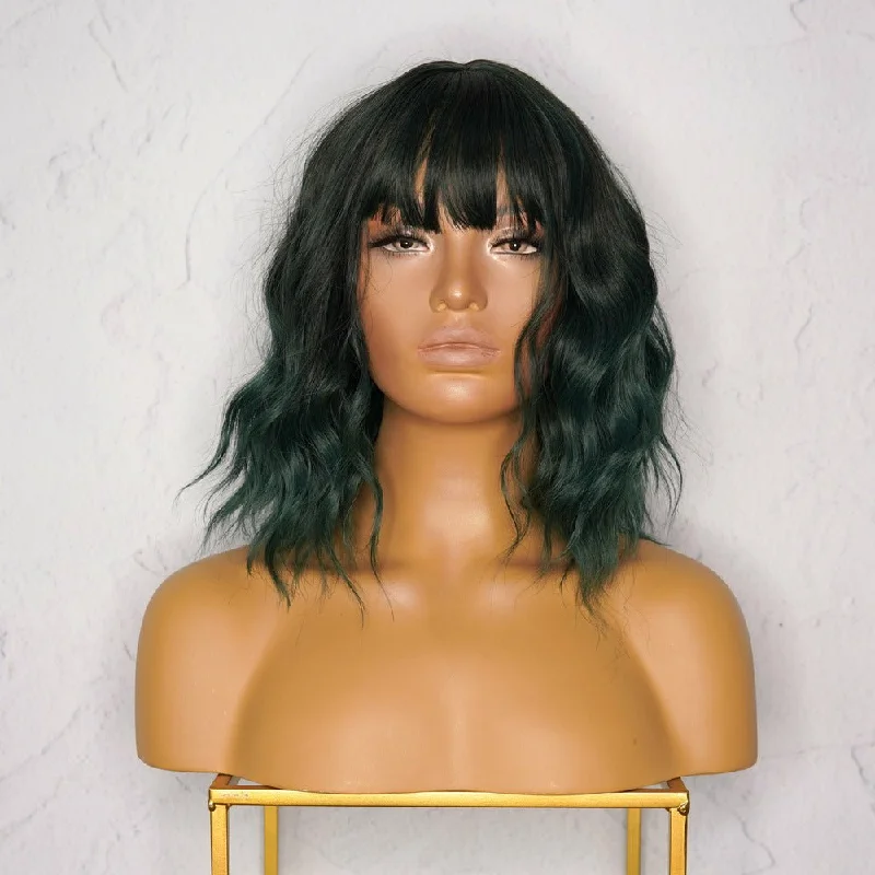 Bob wig with a wavy texture for a beachy lookHAYLEY Dark Green Bob Fringe Wig