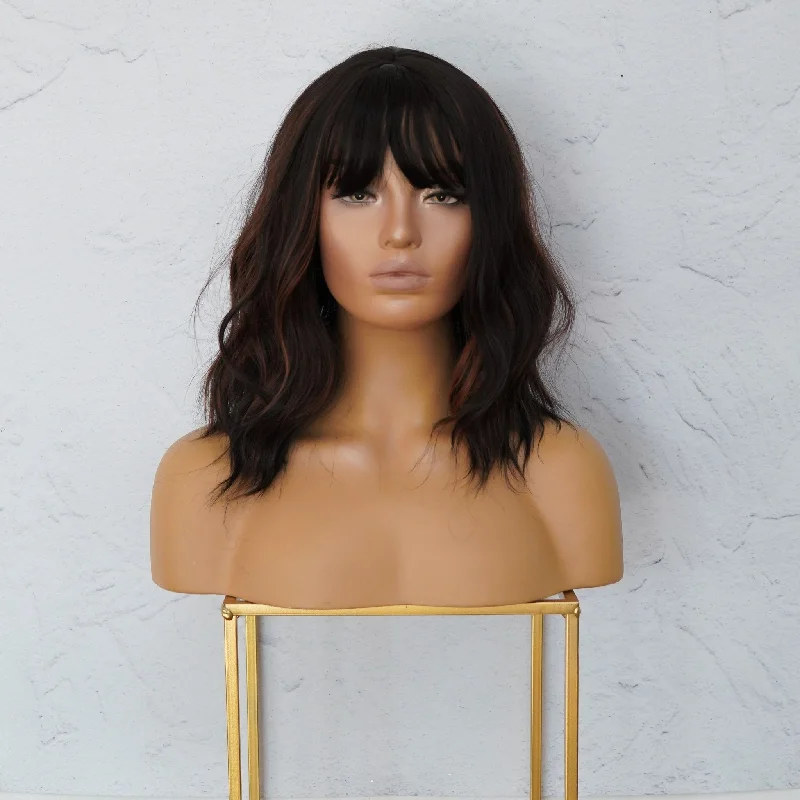 Bob wig with a curly fringe for a playful and youthful vibeHAYLEY Darkest Brown with Highlights Bob Fringe Wig Bob wig with a curly fringe for a playful and youthful vibeHAYLEY Darkest Brown with Highlights Bob Fringe Wig