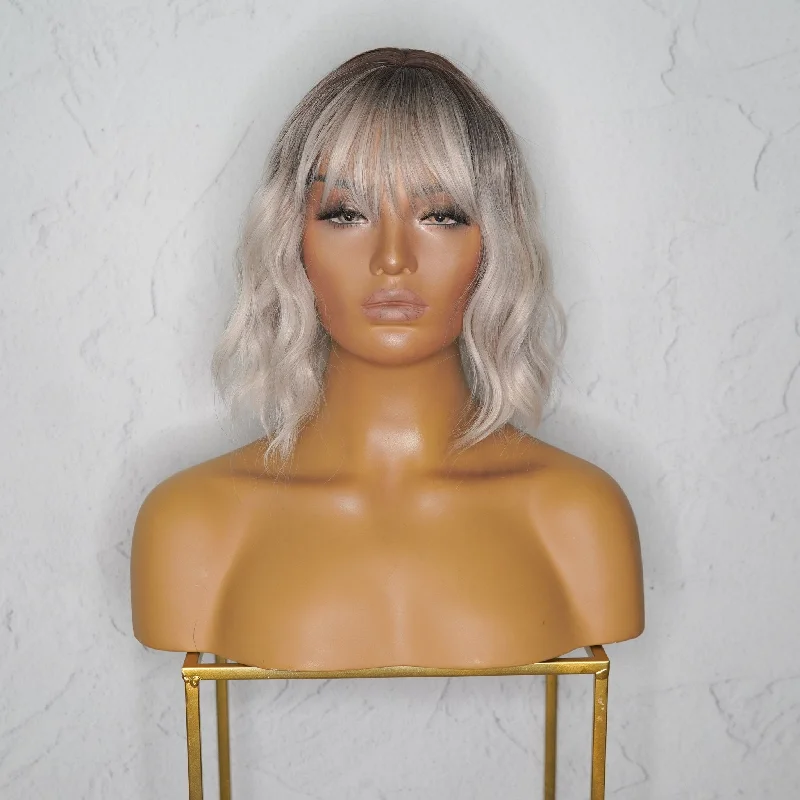 Adjustable - cap bob wig for a comfortable fitHAYLEY White Ash Blonde Bob Fringe Wig Adjustable - cap bob wig for a comfortable fitHAYLEY White Ash Blonde Bob Fringe Wig