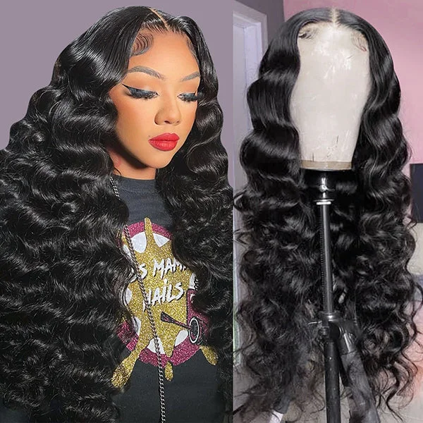 Wavy wig with a wavy bang for a trendy and modern styleLolly 13x4 HD Lace Front Wig Loose Deep Wave Glueless Wear Go Lace Frontal Human Hair Wigs Pre Plucked Pre Bleached Knots Hair