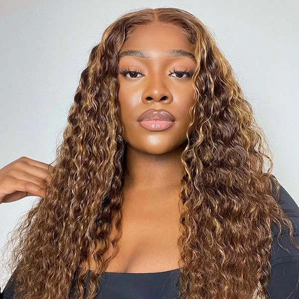Wavy wig with a silk - base cap for a comfortable and smooth feelHighlight Brown Deep Wave 5x5 HD Wear Go Pre-plucked Bleached Knots Wigs Pre-cut PPB Colored Human Hair Wigs