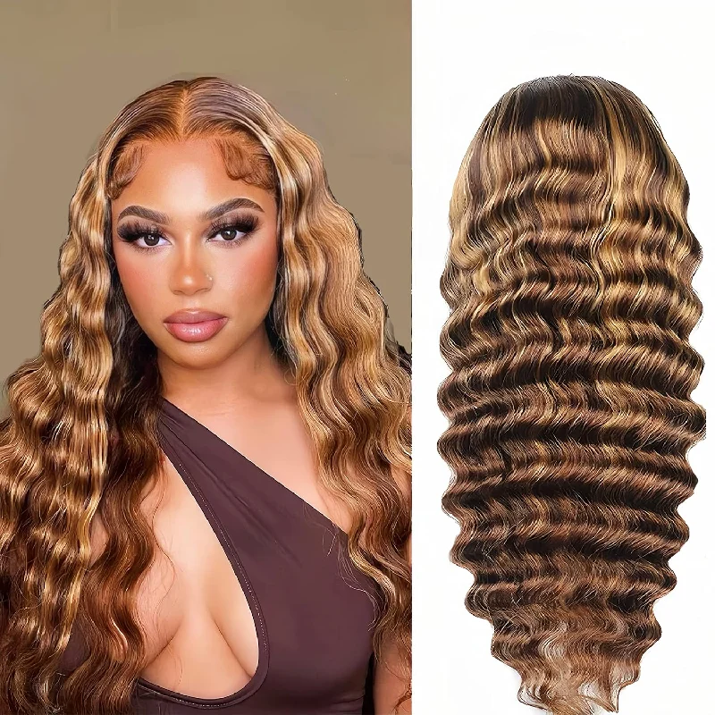Wavy wig with a middle - part for a classic and elegant styleHighlight Human Hair Lace Front Wigs loose Deep Wave 4/27 Ombre Colored Wigs For Women