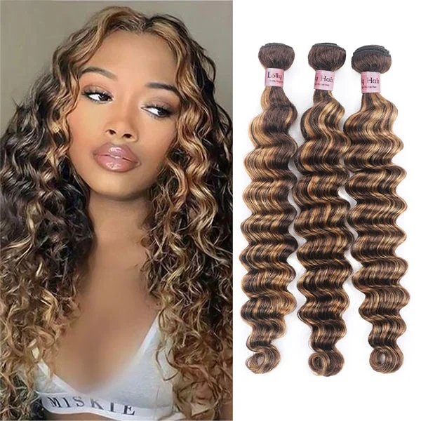 Wavy wig with a pre - bleached knot for a natural - looking scalp30 Inch Loose Deep Wave Human Hair Bundles P4 27 Highlight Hair Bundles Brazilian Hair Weave 1 3 4 Bundles