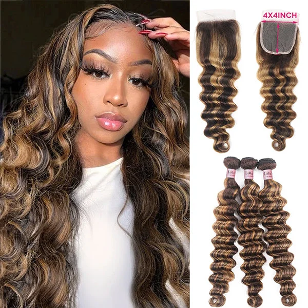 Wavy wig with a natural - looking root for a more realistic lookP4 27 Highlight Loose Deep Wave Hair Bundles with 4x4 HD Lace Closure 3 Human Hair Bundles with Closure Extensions