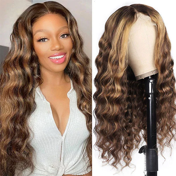 Wavy wig with a middle - part for a classic and elegant styleHighlight Loose Deep Wave Frontal Wig Human Hair Wig 13x4 Lace Front WIg P4/27 4x4 Closure Wig