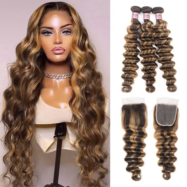 Wavy wig with a side - part for a more flattering lookLoose Deep Wave 3 Bundles with Closure 5x5 4x4 HD Lace Closure and Bundles P4 27 Highlight Human Hair Bundles with Closure Extensions