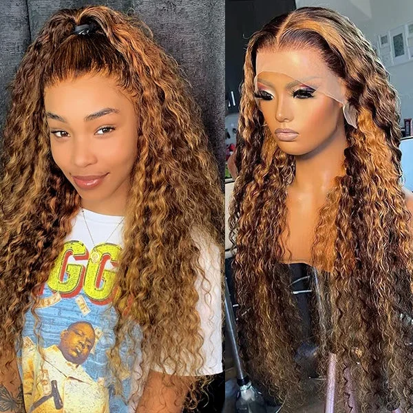 Human - hair wavy wig for a natural and luxurious feelLolly Highlighted Deep Wave Wig 13x4 Lace Front Wigs Honey Blonde Deep Curly Human Hair Wigs P4/27