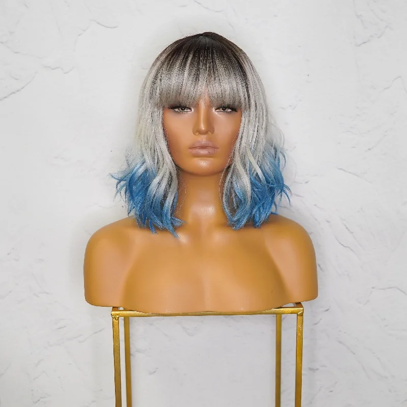 Bob wig with a pre - plucked hairline for a more natural lookJORDAN Ombre Blue Bob Fringe Wig Bob wig with a pre - plucked hairline for a more natural lookJORDAN Ombre Blue Bob Fringe Wig