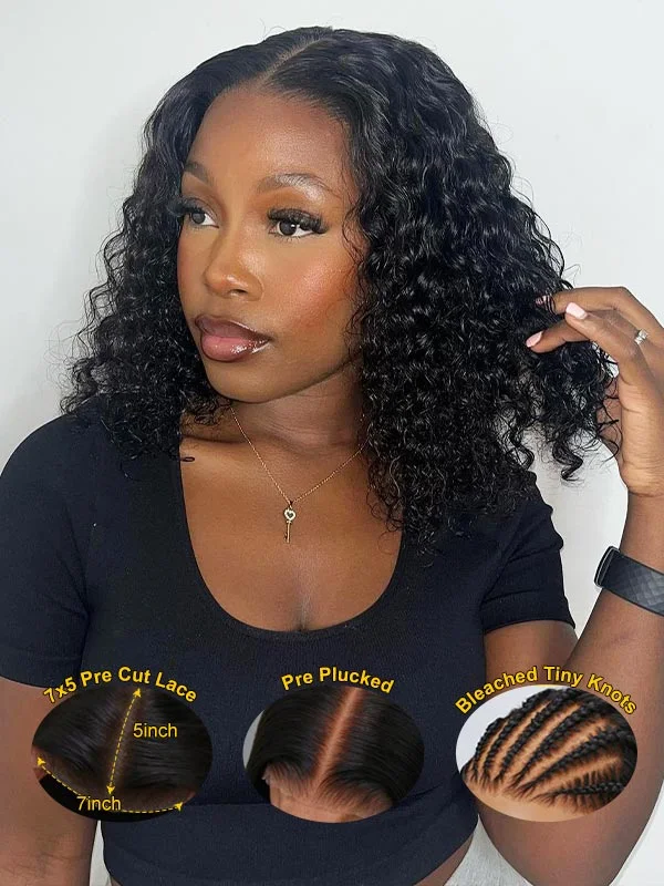 Human - hair wavy wig for a natural and luxurious feelJunoda 7x5 Pre Cut Lace Deep Wave Bob Glueless Wig Bleached Tiny Knots Wear & Go Wigs Human - hair wavy wig for a natural and luxurious feelJunoda 7x5 Pre Cut Lace Deep Wave Bob Glueless Wig Bleached Tiny Knots Wear & Go Wigs