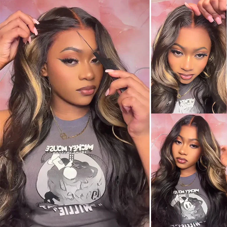 Klaiyi 13x4 Pre everything Glueless Lace Wig Black With Blonde Highlights 3D Body Wave Human Hair Klaiyi 13x4 Pre everything Glueless Lace Wig Black With Blonde Highlights 3D Body Wave Human Hair