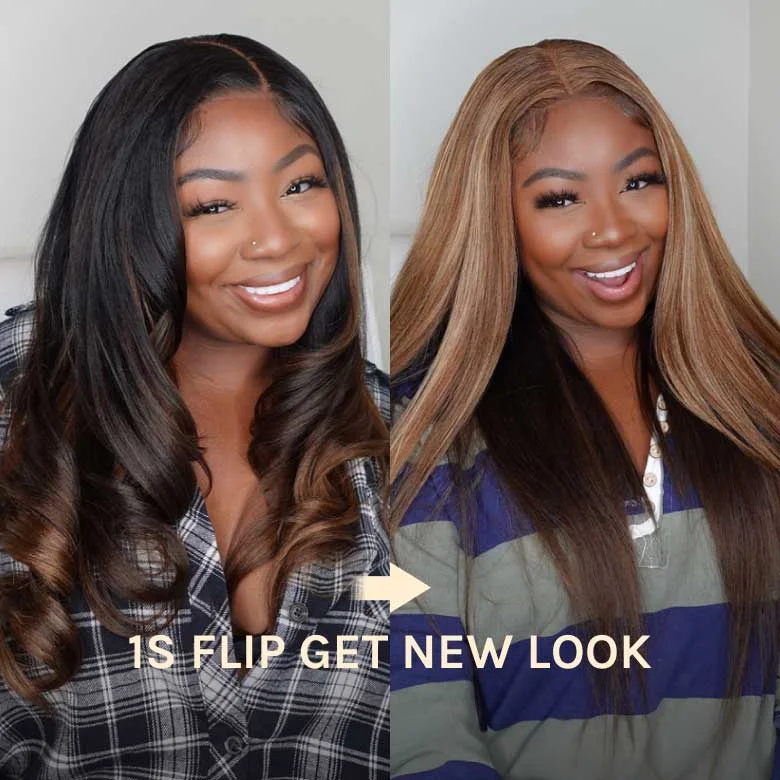 Klaiyi Clearance Sale| Double Wear Wig Ombre Chestnut Brown&Honey Blonde Yaki Straight Wig Flip & Go Fast Transformation 100% Human Hair Flash Sale Klaiyi Clearance Sale| Double Wear Wig Ombre Chestnut Brown&Honey Blonde Yaki Straight Wig Flip & Go Fast Transformation 100% Human Hair Flash Sale