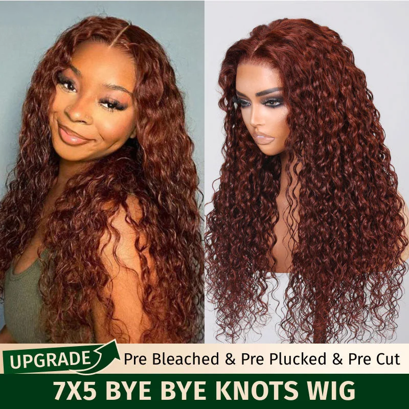 Klaiyi Reddish Brown Water Wave 7x5 Bye Bye Knots Put On and Go Glueless Lace Wig