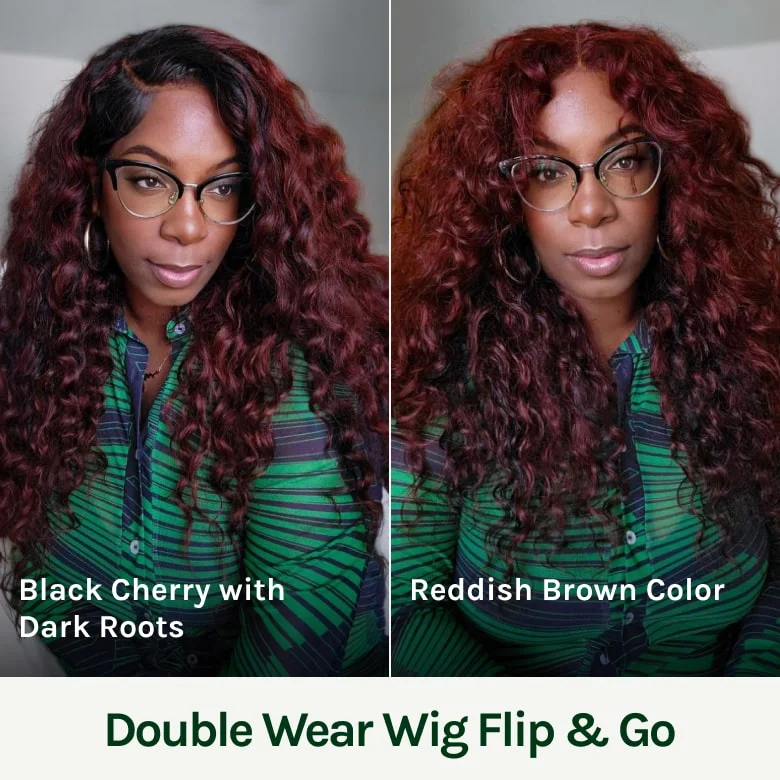 Klaiyi Ombre Black Cherry &Reddish Brown Double Wear Wig Water Wave Flip & Go Fast Transformation 100% Human Hair Klaiyi Ombre Black Cherry &Reddish Brown Double Wear Wig Water Wave Flip & Go Fast Transformation 100% Human Hair