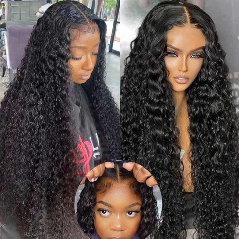 Klaiyi Water Wave Pre-Cut Glueless Wig Put On and Go Human Hair Wigs Natural Black Color