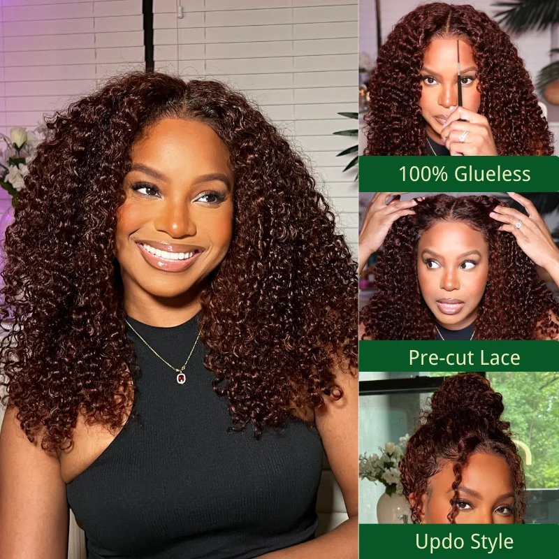 Klaiyi 7x5 Reddish Brown Jerry Curly Put on & Go Wig with Bleach Knots Flash Sale