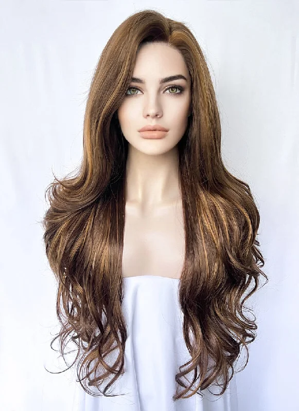 Long - length wig with a silk - base cap for a comfortable and smooth feelBrunette Wavy Lace Front Synthetic Wig LF1321