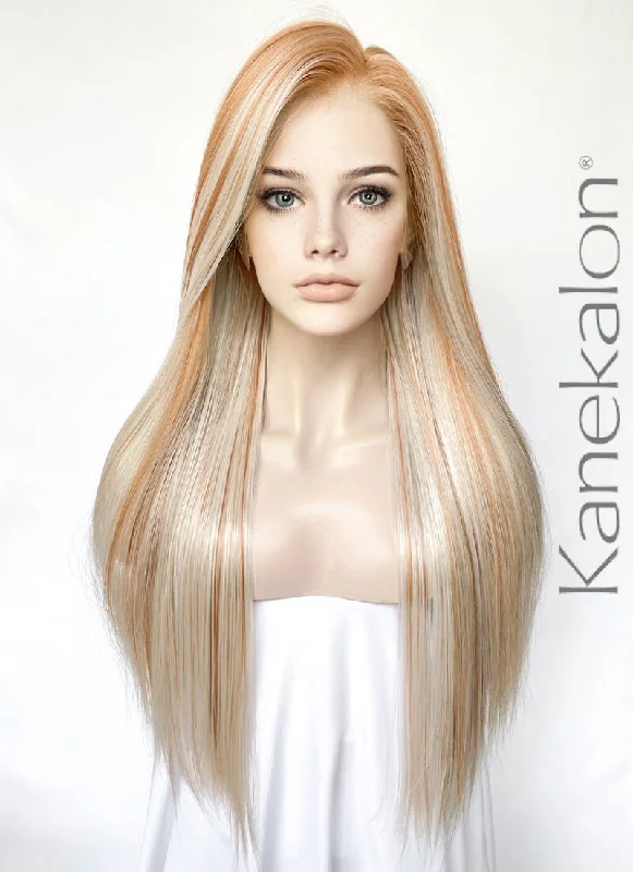 Long - length wig with a honey - blonde color for a warm and sunny appearanceBlonde With Brown Highlights Straight Lace Front Kanekalon Synthetic Hair Wig LF3330 Long - length wig with a honey - blonde color for a warm and sunny appearanceBlonde With Brown Highlights Straight Lace Front Kanekalon Synthetic Hair Wig LF3330
