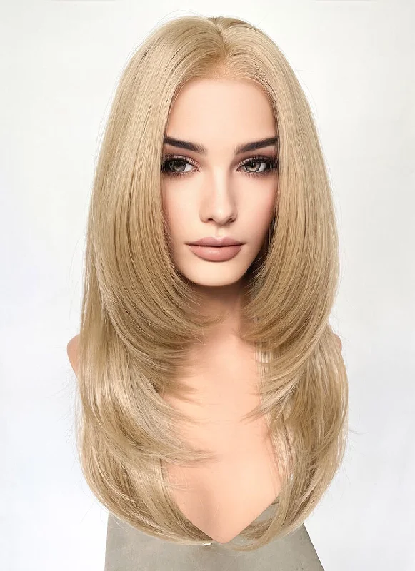 Long - length wig with a platinum - blonde color for a bold and trendy lookBlonde Curtain Bangs Straight Layered Hush Cut Lace Front Synthetic Hair Wig LF3332 Long - length wig with a platinum - blonde color for a bold and trendy lookBlonde Curtain Bangs Straight Layered Hush Cut Lace Front Synthetic Hair Wig LF3332