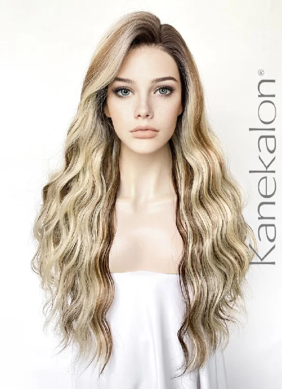Long - length wig with a curly texture for a bold and stylish choiceBalayage Brown With Blonde Highlights Wavy Lace Front Kanekalon Synthetic Hair Wig LF3333 Long - length wig with a curly texture for a bold and stylish choiceBalayage Brown With Blonde Highlights Wavy Lace Front Kanekalon Synthetic Hair Wig LF3333