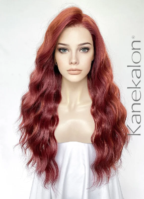 Long - length wig with a silk - base cap for a comfortable and smooth feelGinger Mixed Burgundy Red Wavy Lace Front Kanekalon Synthetic Hair Wig LF3334