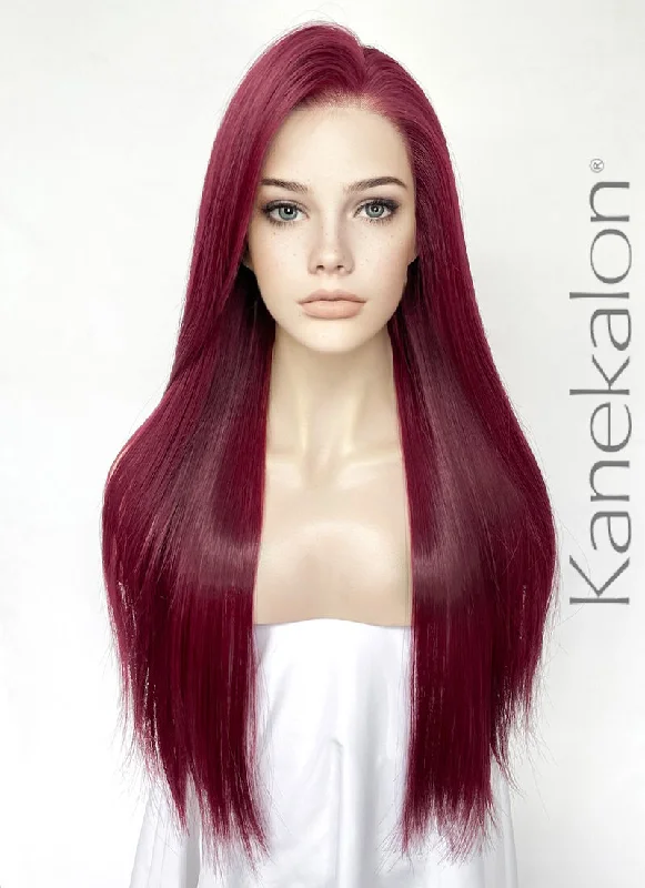 Long - length wig with a natural - looking root for a more realistic lookBurgundy Red Straight Lace Front Kanekalon Synthetic Hair Wig LF3335