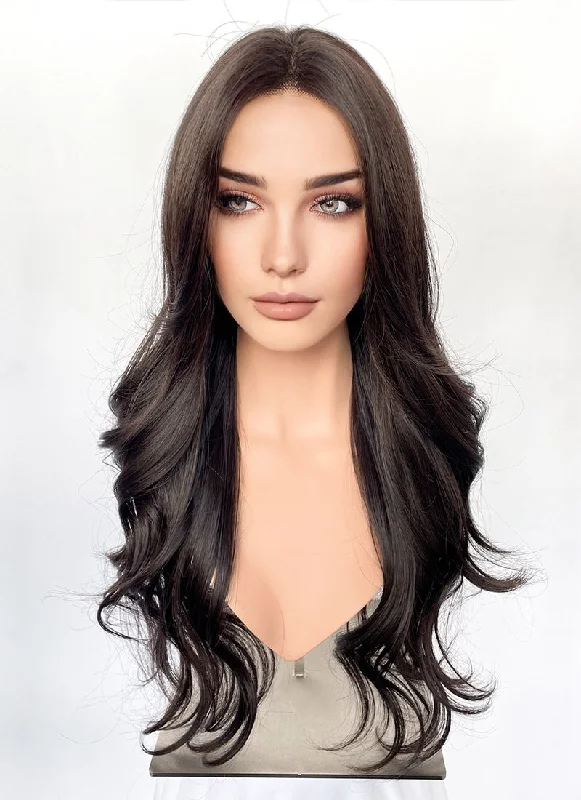 Long - length wig with a curly texture for a bold and stylish choiceBrunette Curtain Bangs Wavy Lace Front Synthetic Hair Wig LF3337 Long - length wig with a curly texture for a bold and stylish choiceBrunette Curtain Bangs Wavy Lace Front Synthetic Hair Wig LF3337