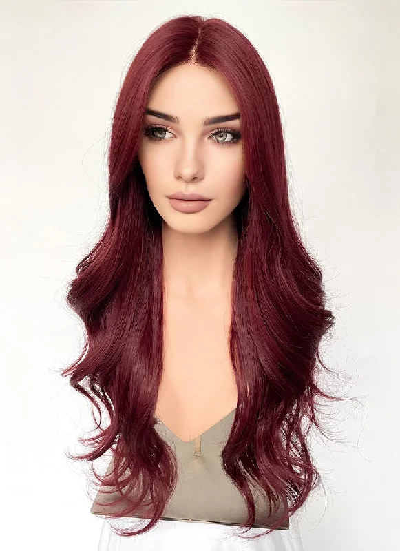 Long - length wig with a platinum - blonde color for a bold and trendy lookBurgundy Red Curtain Bangs Wavy Lace Front Synthetic Hair Wig LF3340 Long - length wig with a platinum - blonde color for a bold and trendy lookBurgundy Red Curtain Bangs Wavy Lace Front Synthetic Hair Wig LF3340