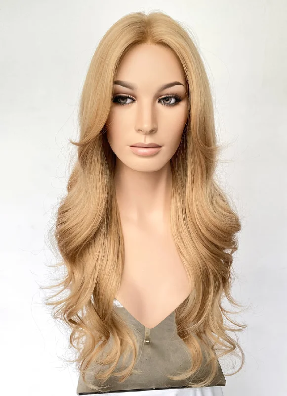 Long - length wig with a curly texture for a bold and stylish choiceGolden Blonde Curtain Bangs Wavy Lace Front Synthetic Hair Wig LF3341 Long - length wig with a curly texture for a bold and stylish choiceGolden Blonde Curtain Bangs Wavy Lace Front Synthetic Hair Wig LF3341