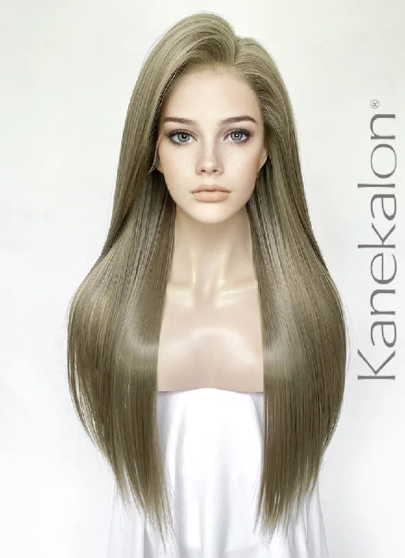 Adjustable - cap long - length wig for a comfortable fitGreenish Grey Straight Lace Front Kanekalon Synthetic Hair Wig LF3346 Adjustable - cap long - length wig for a comfortable fitGreenish Grey Straight Lace Front Kanekalon Synthetic Hair Wig LF3346