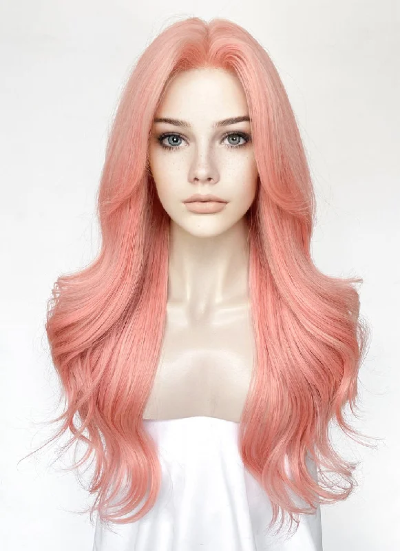 Long - length wig with a honey - blonde color for a warm and sunny appearancePink Curtain Bangs Wavy Lace Front Synthetic Wig LF3347 Long - length wig with a honey - blonde color for a warm and sunny appearancePink Curtain Bangs Wavy Lace Front Synthetic Wig LF3347