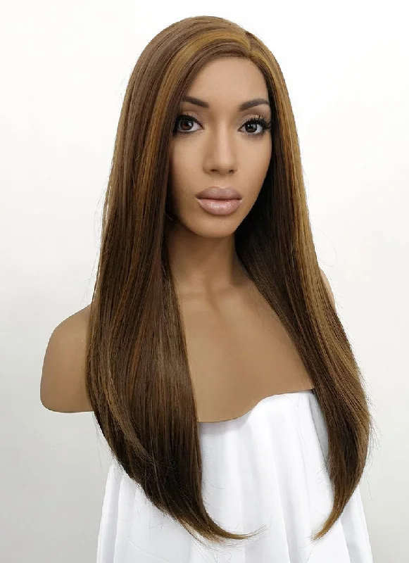 Long - length wig with a middle - part for a classic and elegant styleBrunette Straight Lace Front Synthetic Wig LFB006 Long - length wig with a middle - part for a classic and elegant styleBrunette Straight Lace Front Synthetic Wig LFB006
