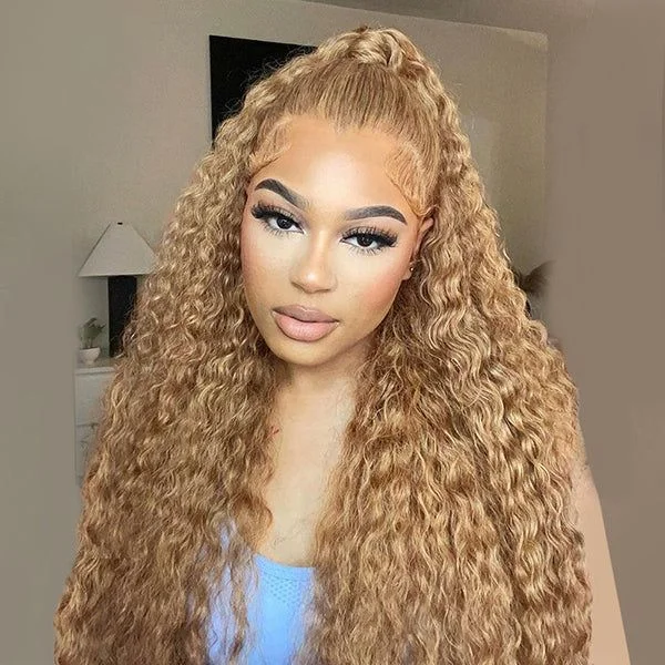 Wavy wig with a wispy fringe for a soft and feminine look#27 Light Brown 13x4 13x6 Frontal Lace Wigs Pre-plucked Deep Wave Human Hair