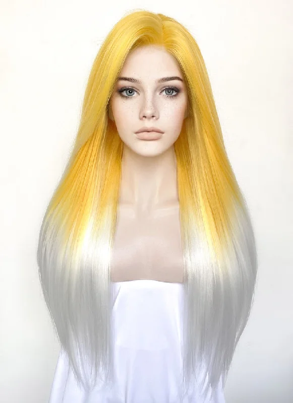 Human - hair long - length wig for a natural and luxurious feelYellow White Ombre Straight Yaki Lace Front Synthetic Wig LN6026 Human - hair long - length wig for a natural and luxurious feelYellow White Ombre Straight Yaki Lace Front Synthetic Wig LN6026
