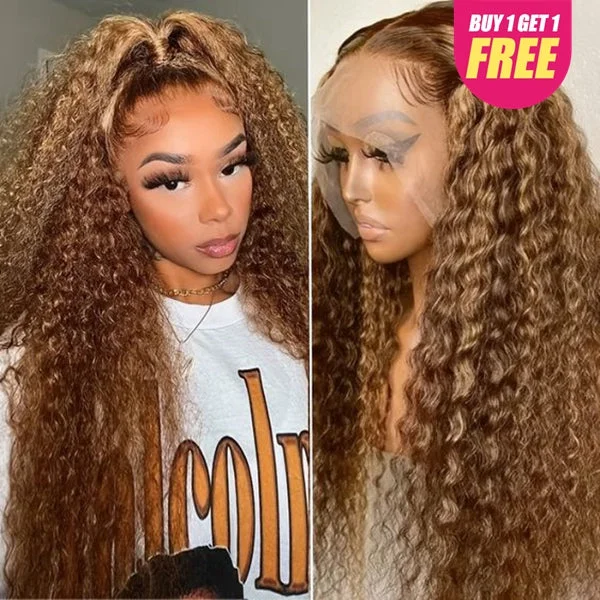 Wavy wig with a wispy fringe for a soft and feminine lookLolly Bogo Free 13x4 Transparent Lace Front Wig Deep Wave P4/27 Highlight Colored Human Hair Wigs Flash Sale