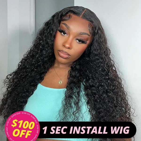 Wavy wig with a middle - part for a classic and elegant styleLolly $100 OFF Deep Wave Ready to Wear Glueless Wigs 4x4 HD Transparent Lace Closure Wigs Human Hair Flash Sale