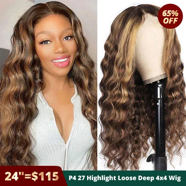 Wavy wig in a chocolate - brown color for a rich and warm appearance[24"=$115] Christmas Gifts For Her P4 27 Highlight Colored Loose Deep Wave Human Hair Wigs 4x4 HD Lace Wig Flash Sale