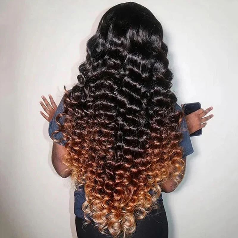 Wavy wig with a natural - looking root for a more realistic lookLolly Ombre T1B/4/30 Color Loose Deep Wave 13x4 HD Lace Front Wig Wear and Go Glueless Human Hair Wigs Pre-Cut Pre Plucked Bleached Knots Lace Wigs
