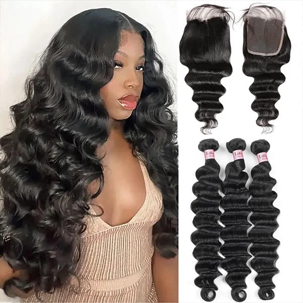 Wavy wig with a 180 - density for a full and thick appearanceLoose Deep Wave Hair 3 Bundles with Closure 4x4 Inch HD Lace Closure and Bundles Deal Human Hair Weave Sew In Extensions