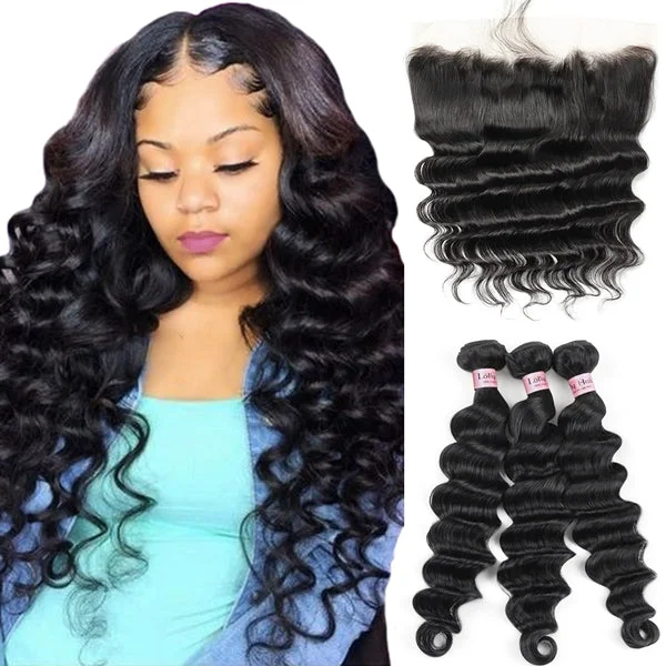 Wavy wig with a 180 - density for a full and thick appearanceLoose Deep Wave 3 Bundles with HD Lace Frontal Brazilian Virgin Human Hair Weave
