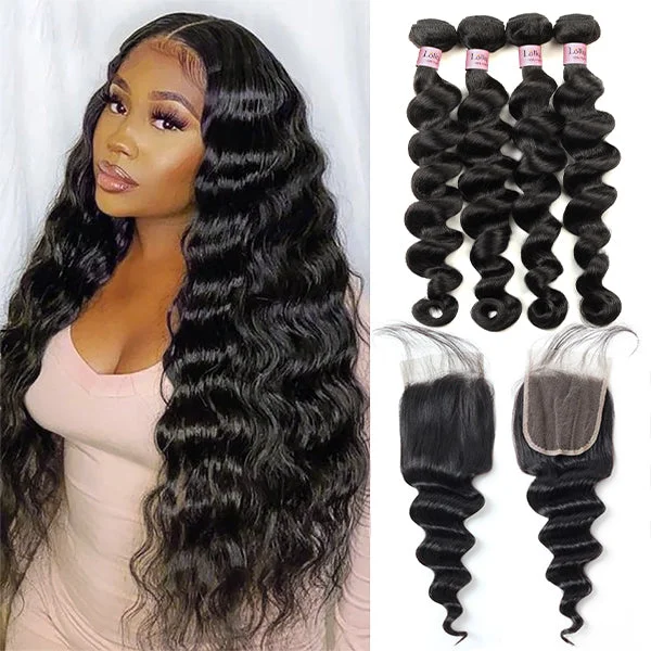 Wavy wig with a middle - part for a classic and elegant styleLoose Deep Wave 4 Bundles with Closure Brazilian Human Hair Bundles with Closure