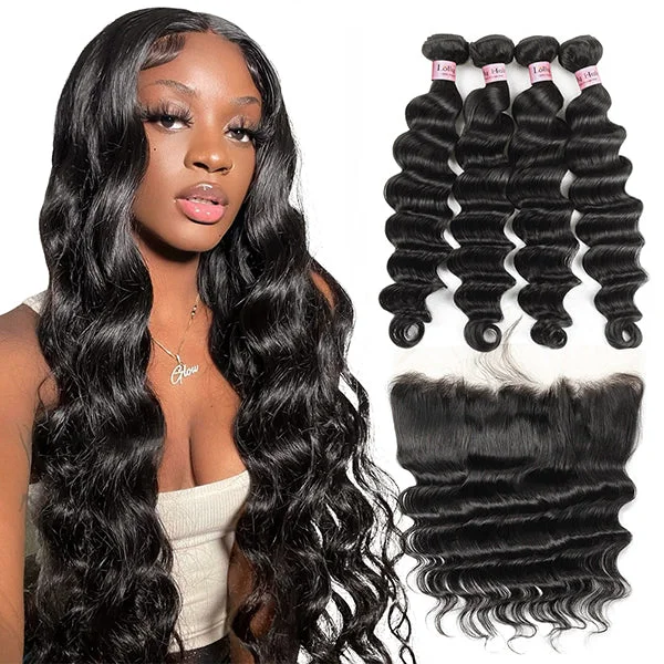 Wavy wig with a pre - bleached knot for a natural - looking scalpLoose Deep Wave Bundles With Hd Frontal Virgin Human Hair 4 Bundles With Frontal