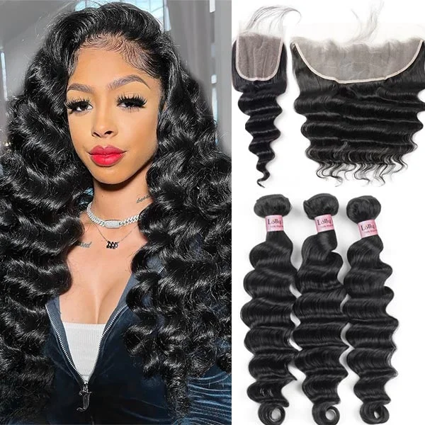 Wavy wig with a pre - bleached knot for a natural - looking scalpLolly Loose Deep Wave Bundles with Closure Frontal 13x4 HD Lace Frontal with Human Hair Bundles and 4x4 Lace Closure