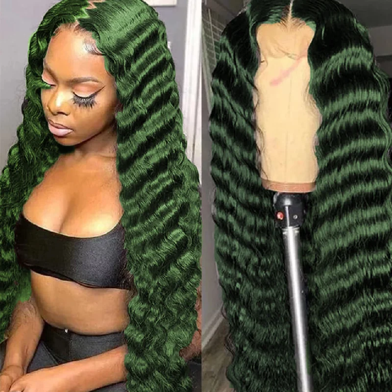 Wavy wig with a wavy bang for a trendy and modern styleDark Green Loose Deep Wave Lace Front Human Hair Wigs For Women